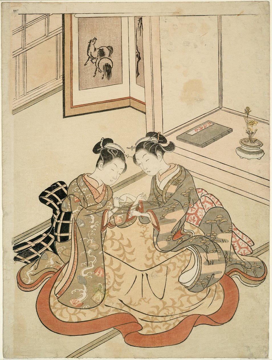 Mujeres jóvenes jugando a la cuna del gato de Suzuki Harunobu