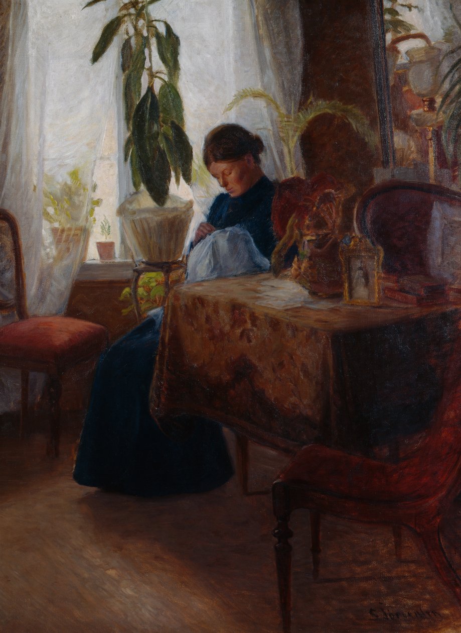 Interior con mujer cosiendo de Sven Jorgensen