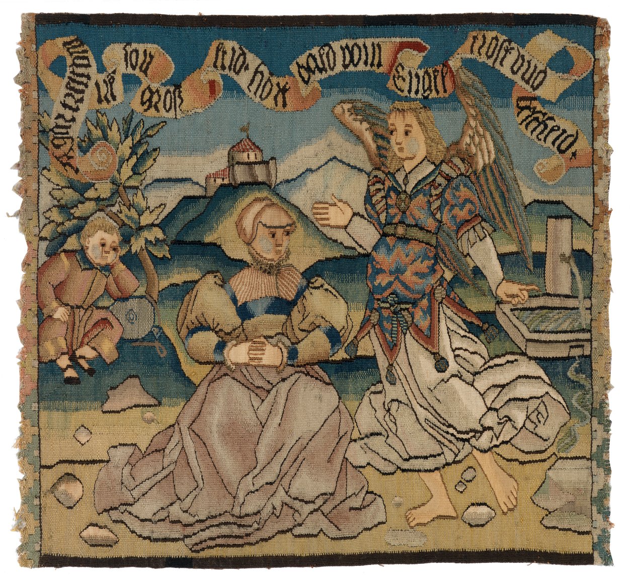 Panel de tapiz que representa a Agar y el ángel de Swiss School