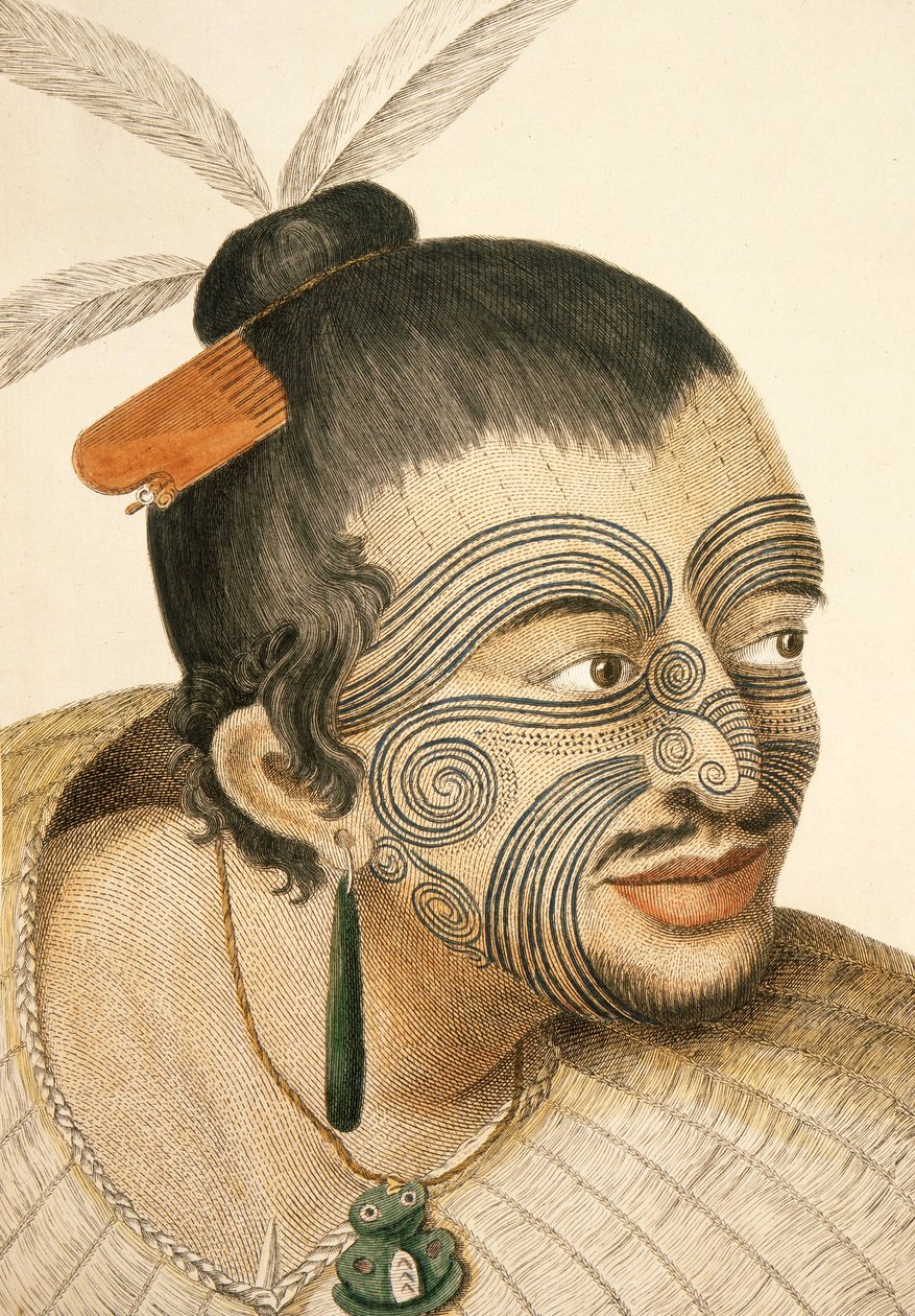 Retrato de un jefe maorí con moko facial completo, 1769 de Sydney Parkinson