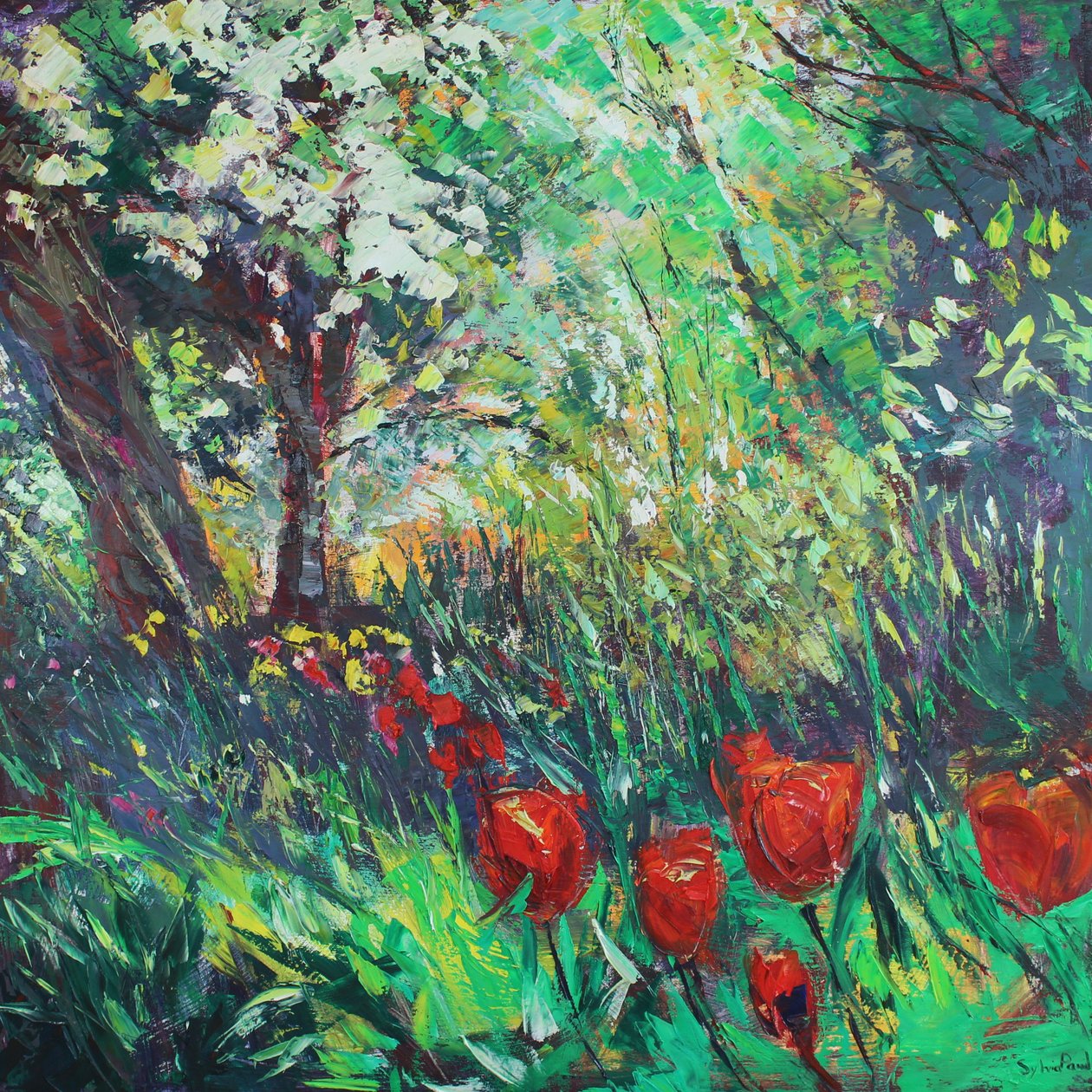 Tulipanes y bosque de Sylvia Paul