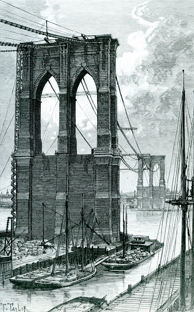 Puente de Brooklyn en construcción, dibujado a partir de una fotografía, 1878 de T. Taylor
