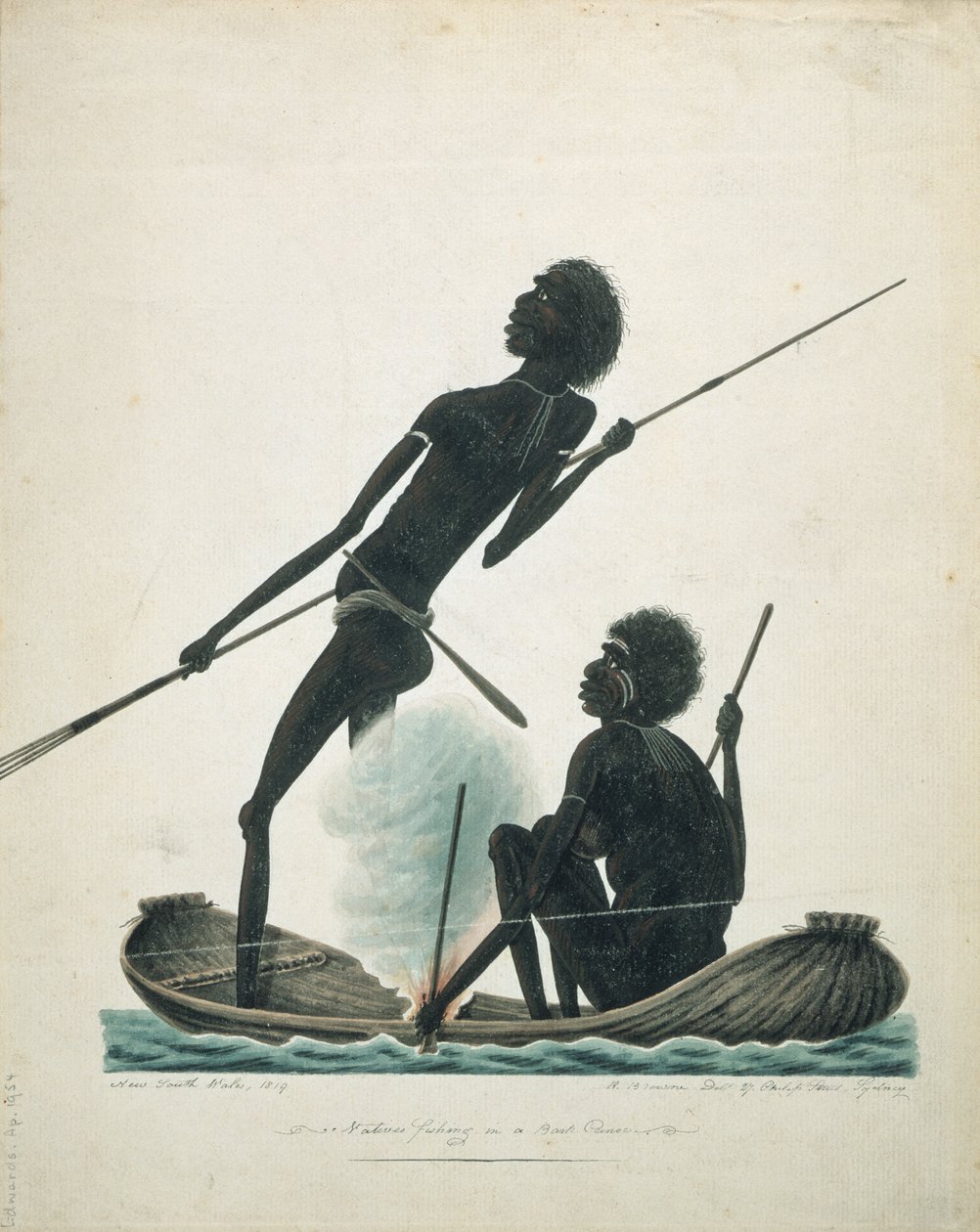 Nativos pescando en una canoa de corteza, 1819 de T.R. Browne