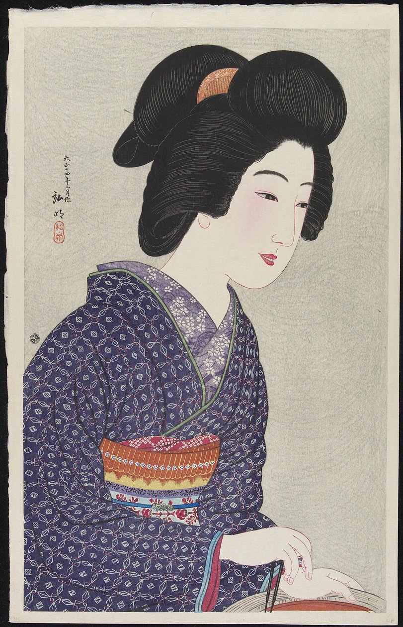 Mujer sentada junto a un brasero, febrero de 1925 de Takahashi Hiroaki