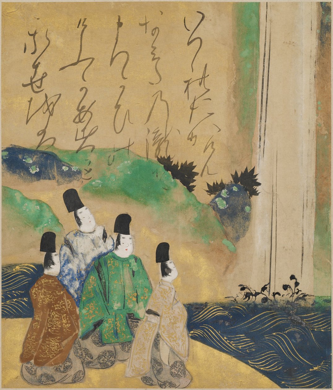 Nobles viendo la cascada Nunobiki de Tawaraya Sotatsu