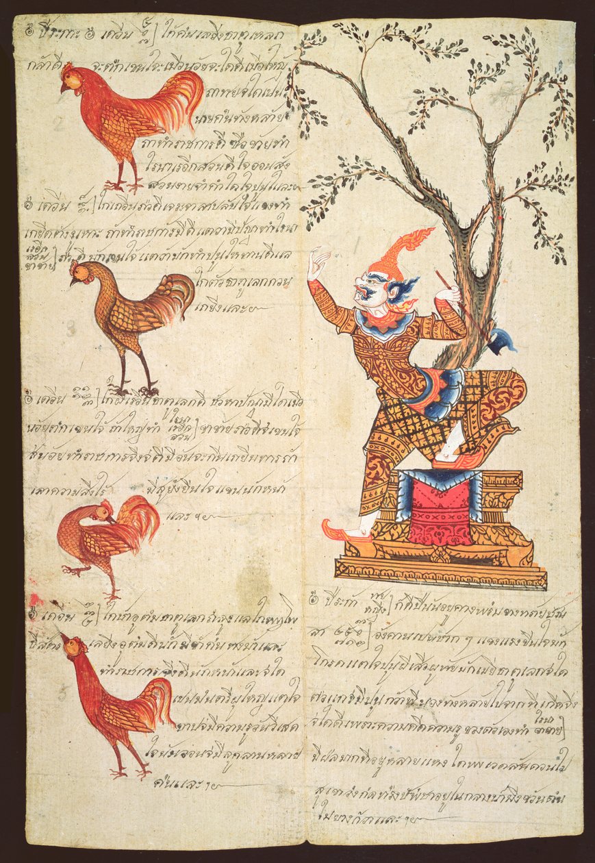 Dos páginas que ilustran el Año del Gallo, de un manual de adivinación, c.1840 de Thai School