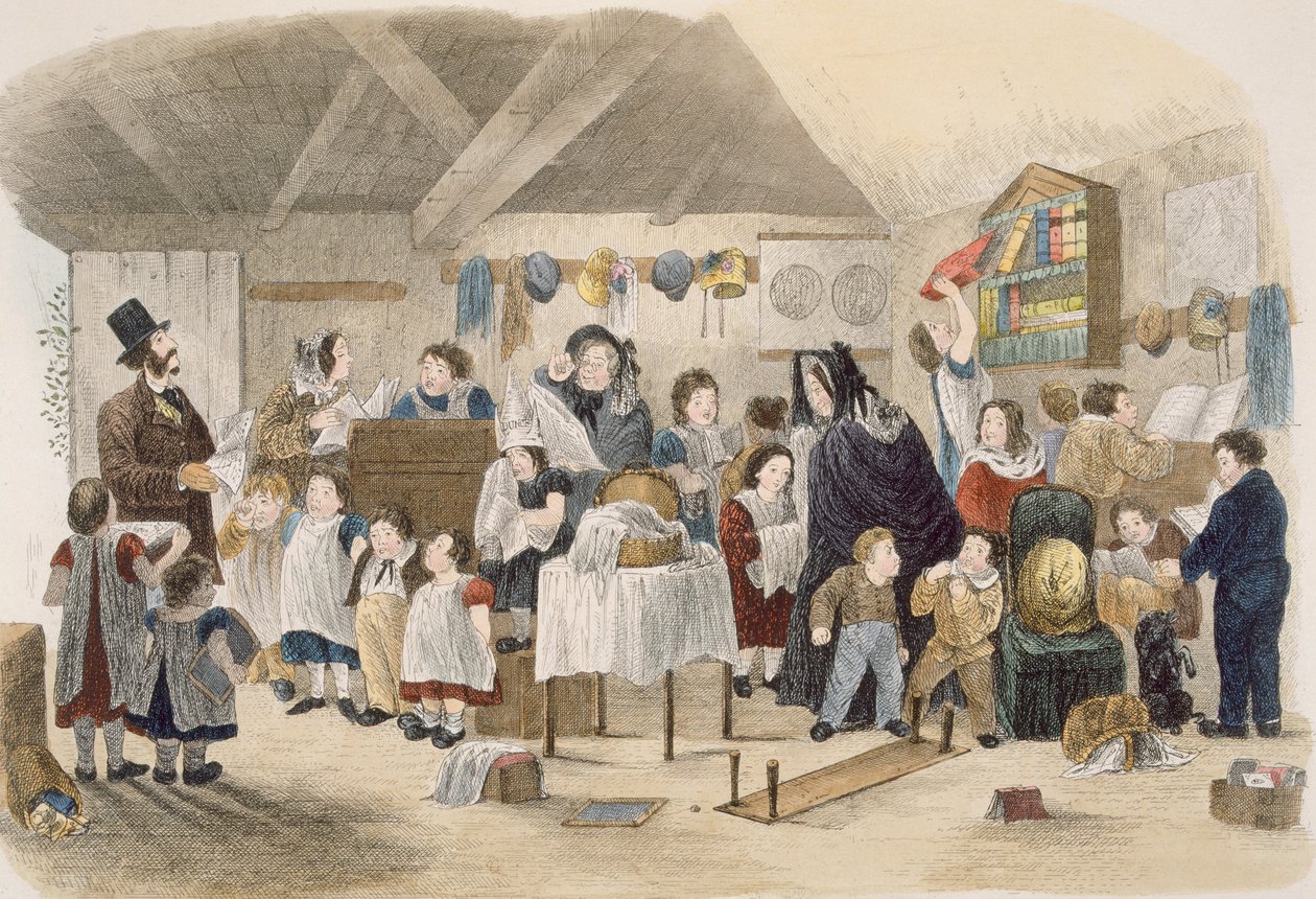 Visita a la escuela del pueblo, ilustración de Visita de un exquisito londinense a sus tías solteras en el campo, pub. por W. Kent, Londres, 1859 de Theo