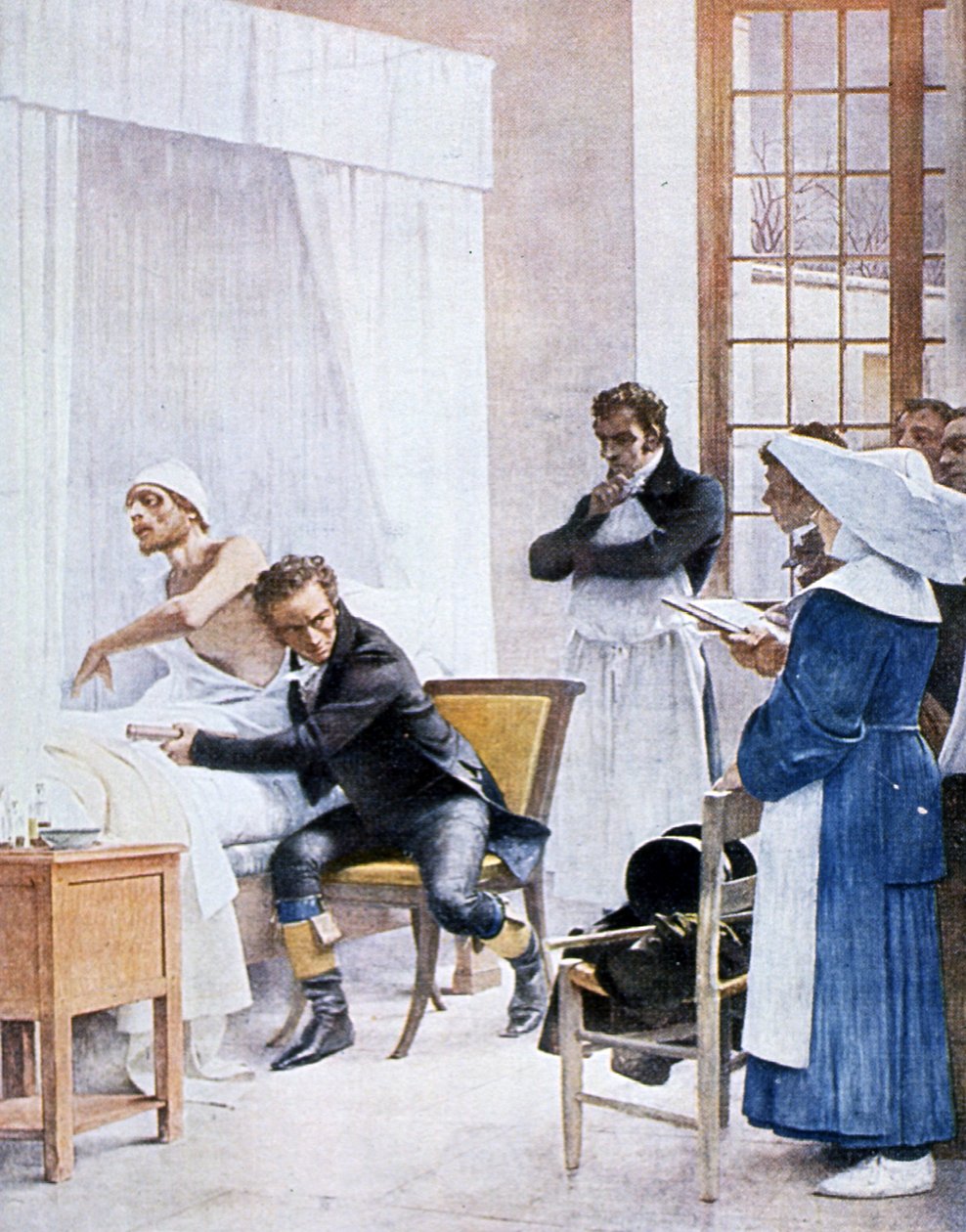 Rene Laënnec (1781-1826) escuchando el pecho de un hombre con tuberculosis, en el Hospital Necker, 1816 de Theobald Chartran