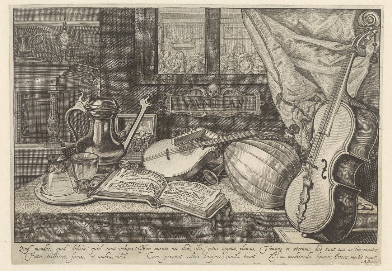 Vanitas bodegón con instrumentos musicales de Theodor Matham