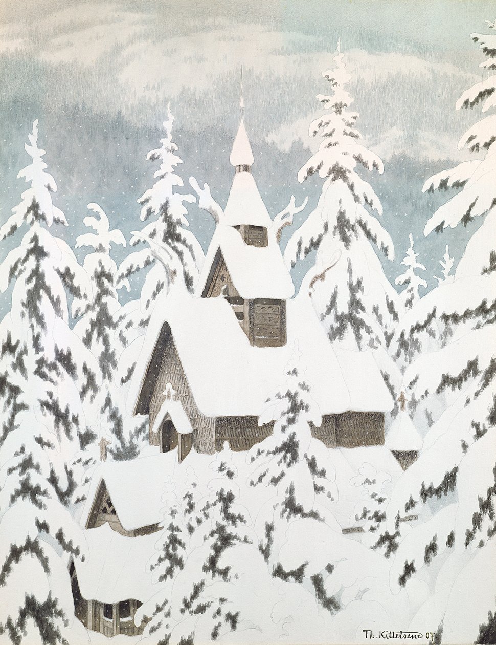 Iglesia en la nieve de Theodor Kittelsen