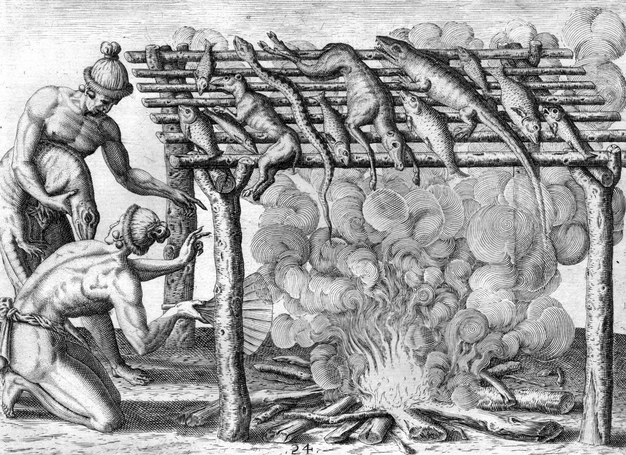 Indios timucanos secando comida de Theodor de Bry