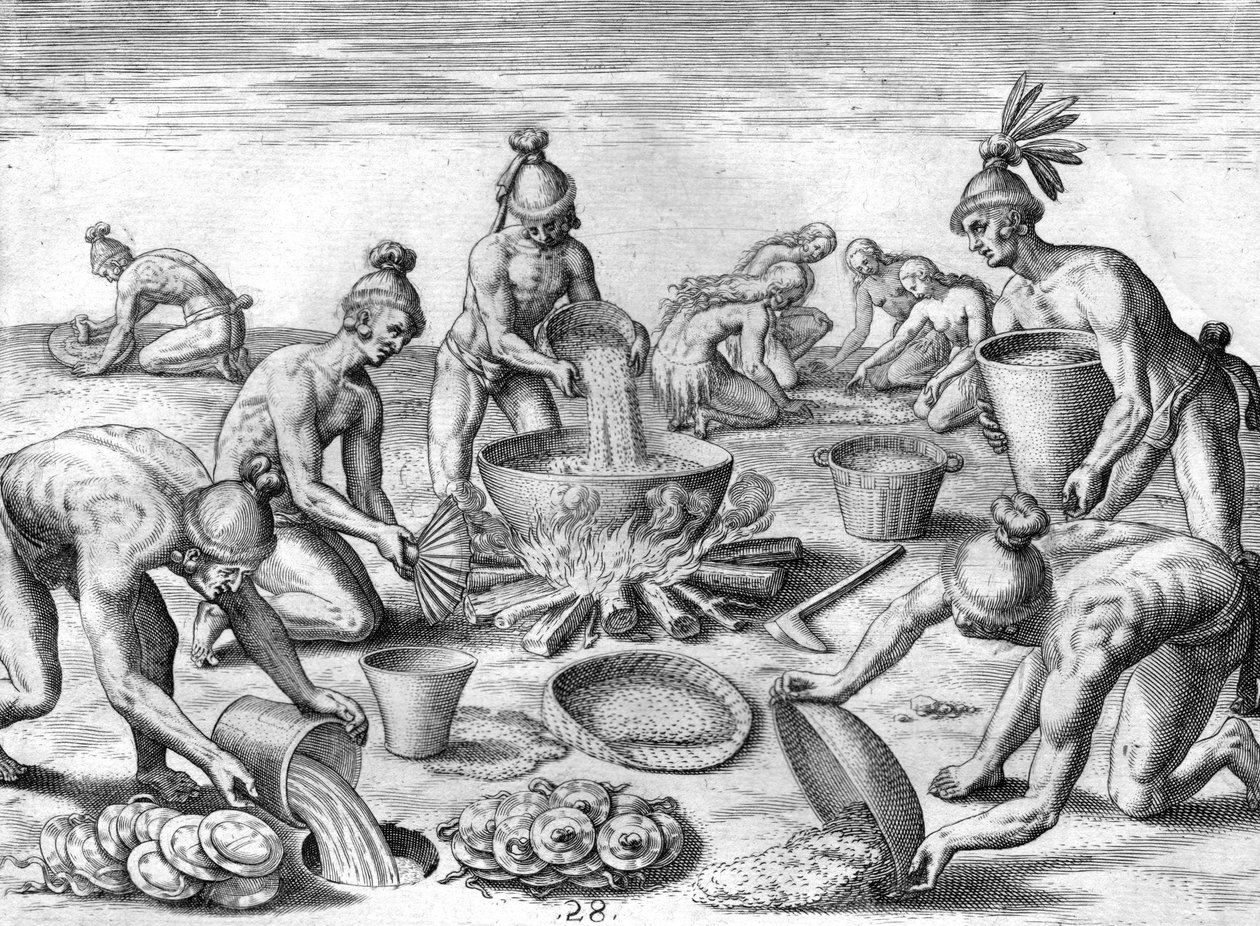 Indígenas timucanos preparando un festín de Theodor de Bry