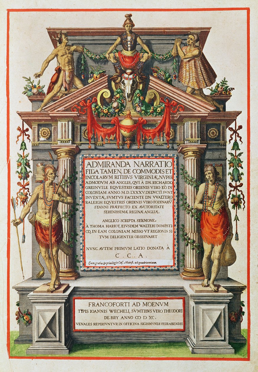 Admiranta Narratio.... Portada (página 1), 1585-1588 (grabado en color) de Theodore de Bry