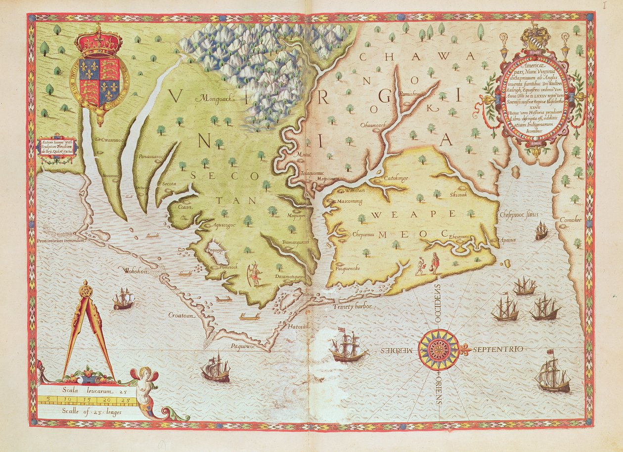 Admiranta Narratio... Mapa de Virginia (página 44-45), 1585-1588 (grabado en color) de Theodore de Bry