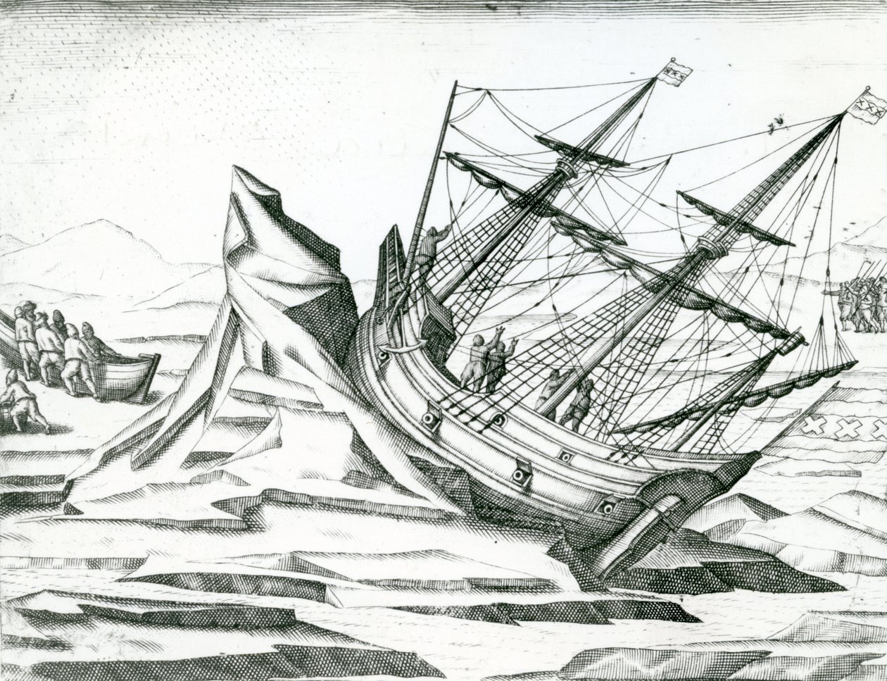 Barco de vela varado en un iceberg, ilustración de 
