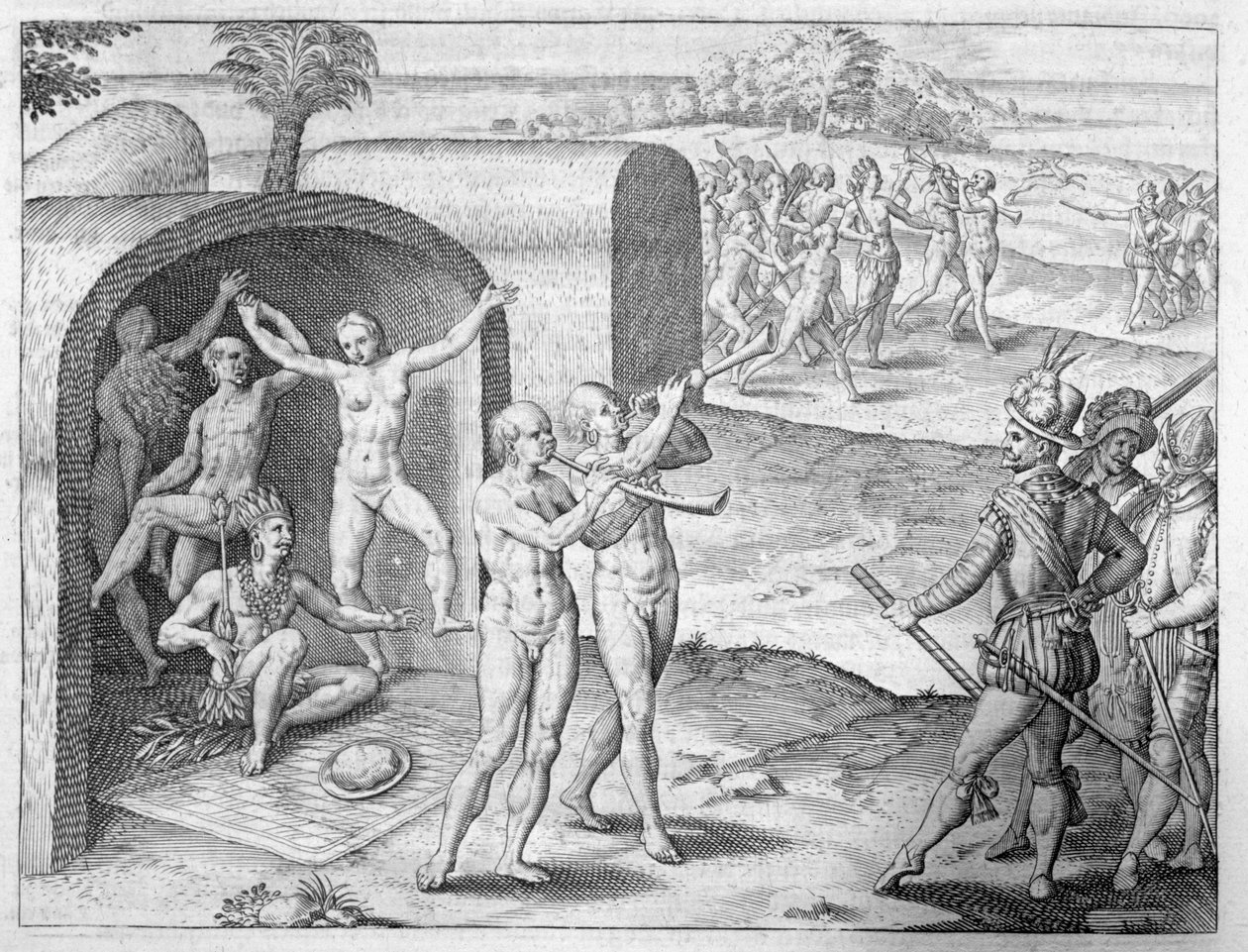 Españoles siendo recibidos por un rey indio, del relato de Girolamo Benzoni sobre la conquista del Perú, de 