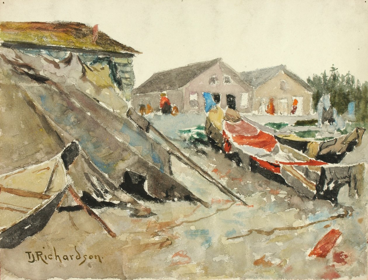 Secado de mantas sobre canoas de Theodore J. Richardson