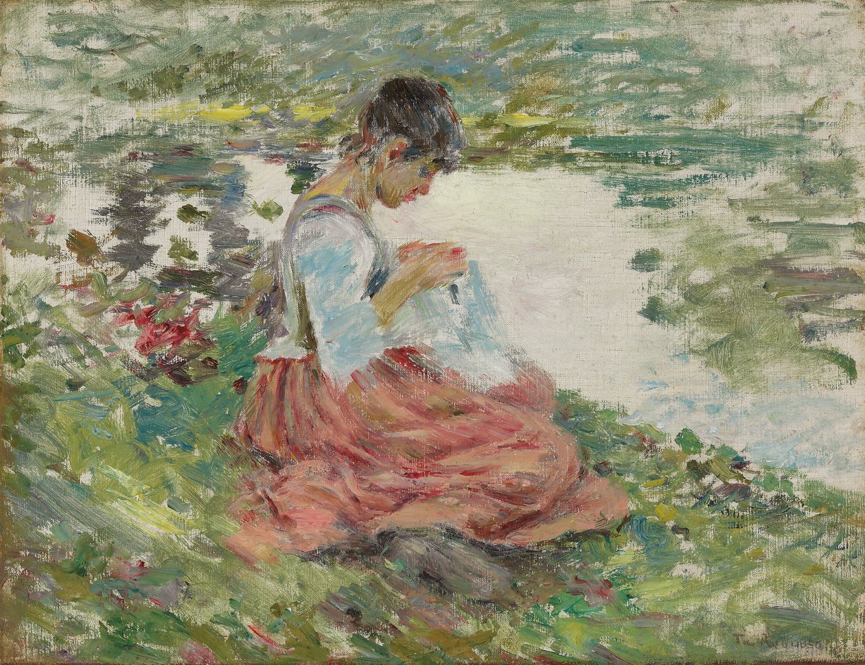 Chica cosiendo junto al río, c.1891 de Theodore Robinson