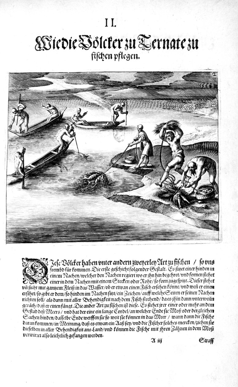 Pescando con indios de Theodore de Bry