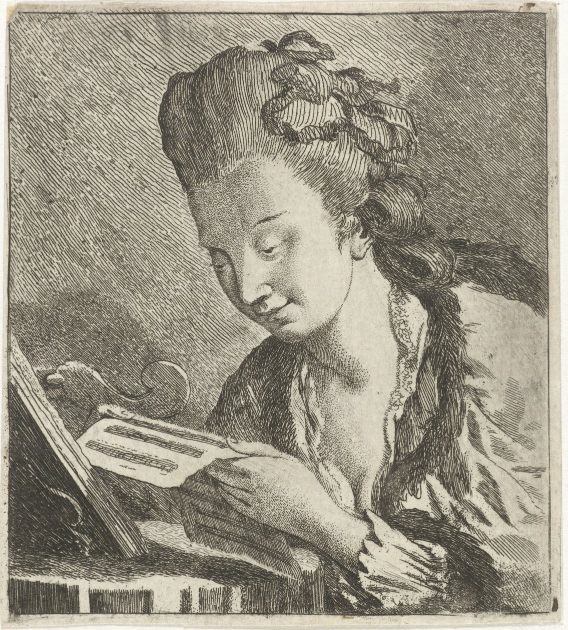 Mujer joven leyendo partituras de Theodorus de Roode