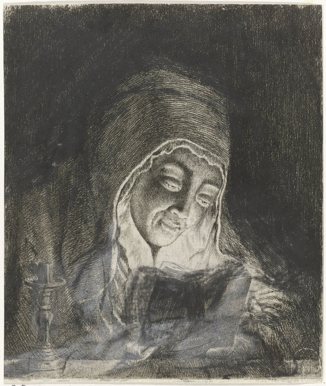 Mujer leyendo a la luz de las velas de Theodorus de Roode