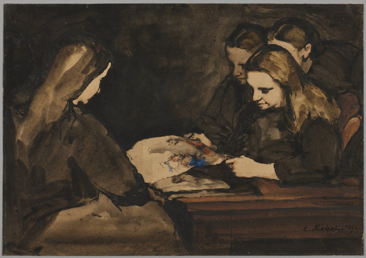 Cuatro chicas estudiando un dibujo, 1876 de Auguste Theodule Ribot