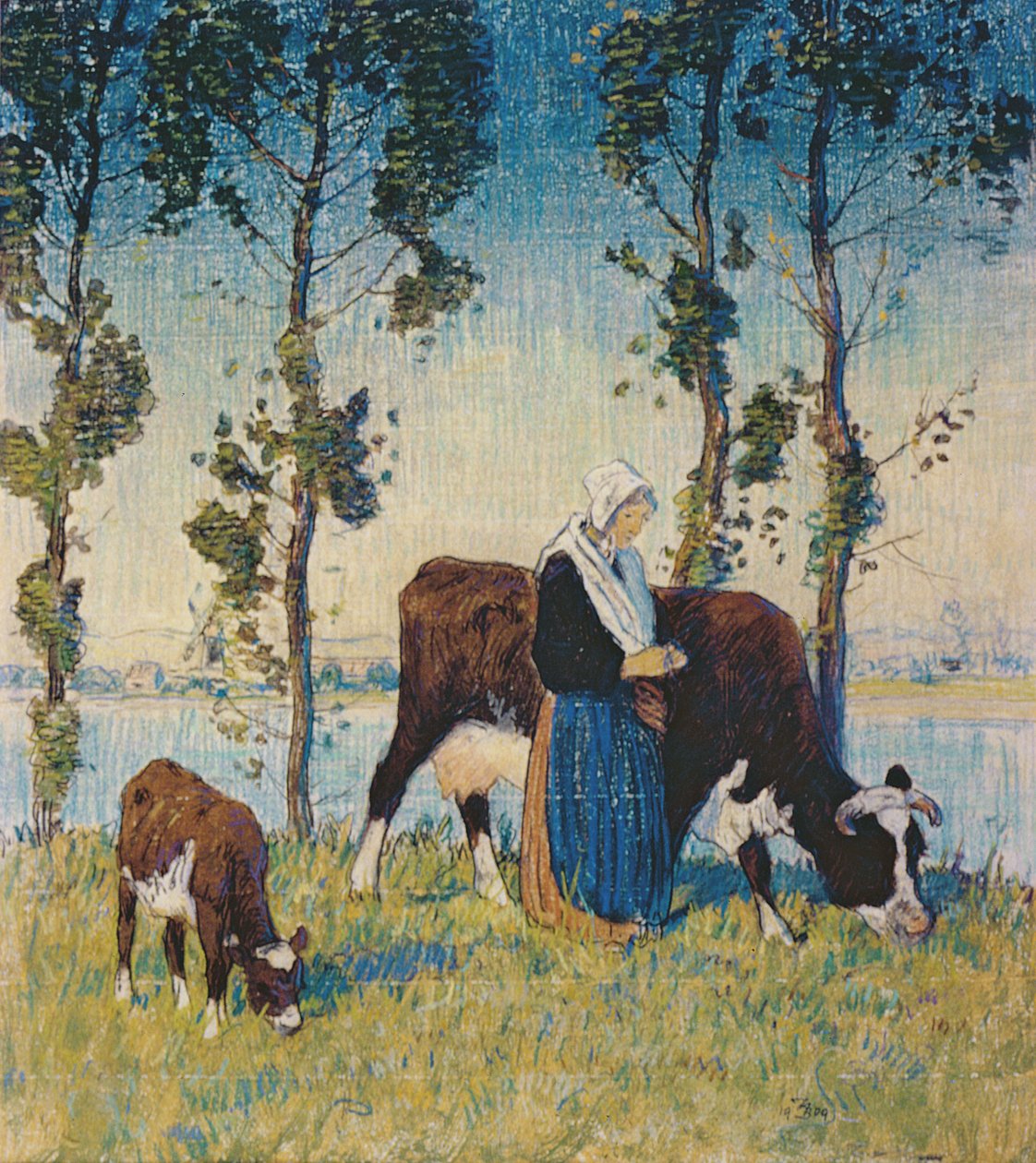 Mujer con una vaca y un ternero de Thomas Austen Brown