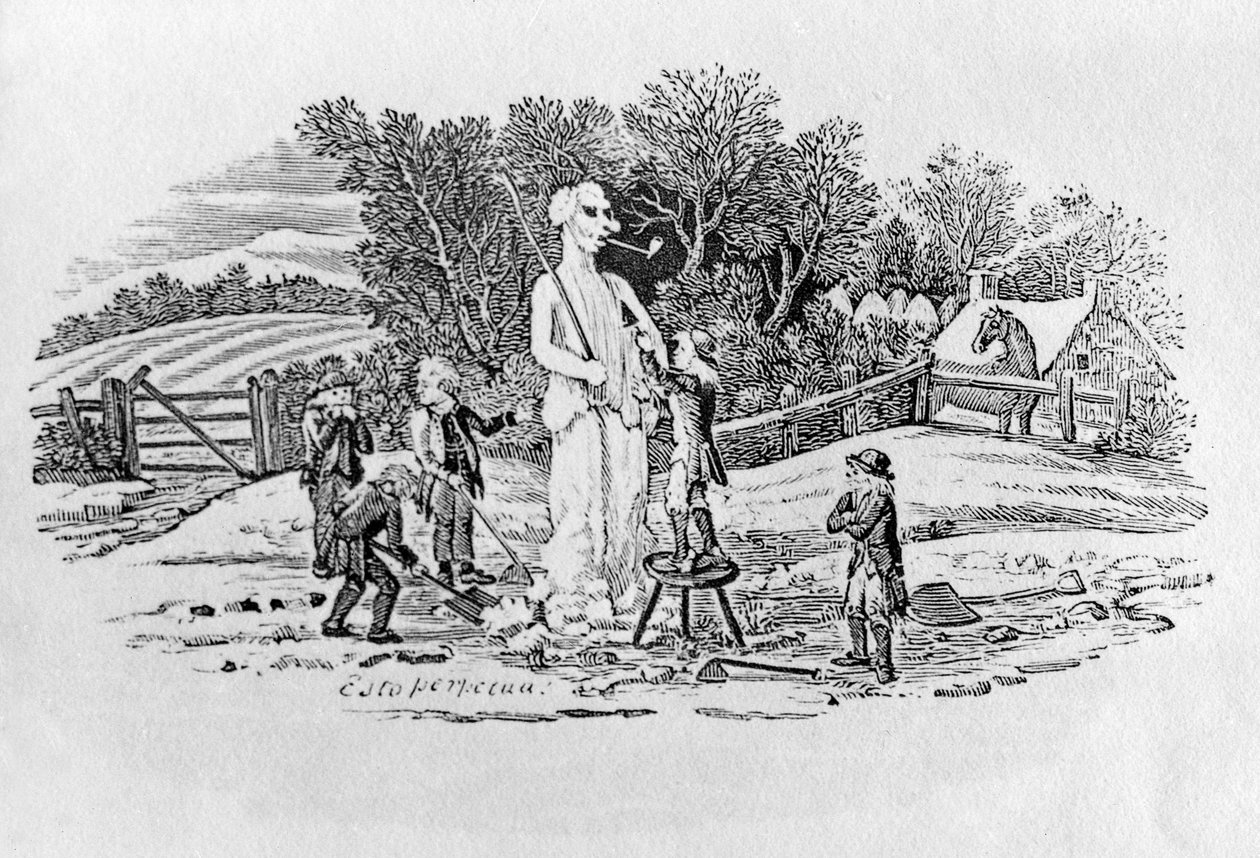 El muñeco de nieve en Cherryburn (Esto Perpetua), de Aves terrestres, c. 1797 de Thomas Bewick