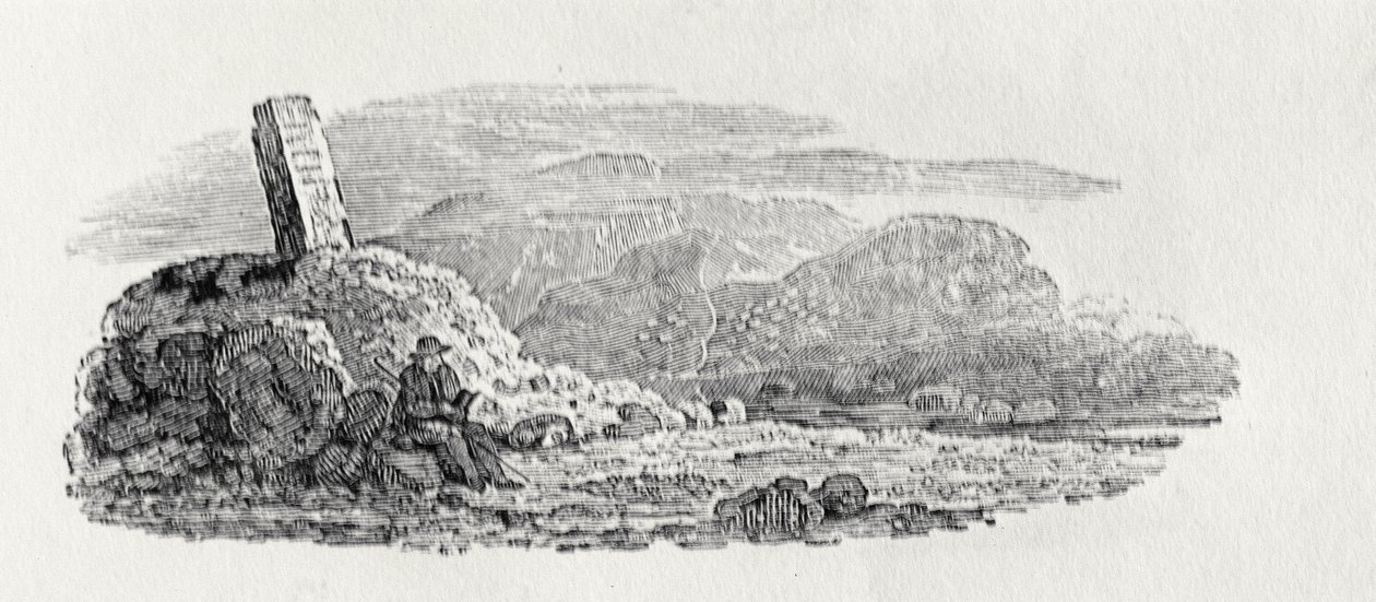 Viajero leyendo bajo un mojón de Thomas Bewick