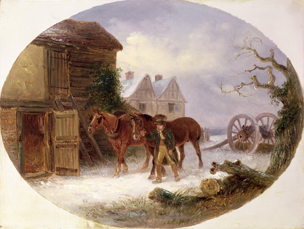 Niño llevando caballos a un granero en la nieve de Thomas Smythe