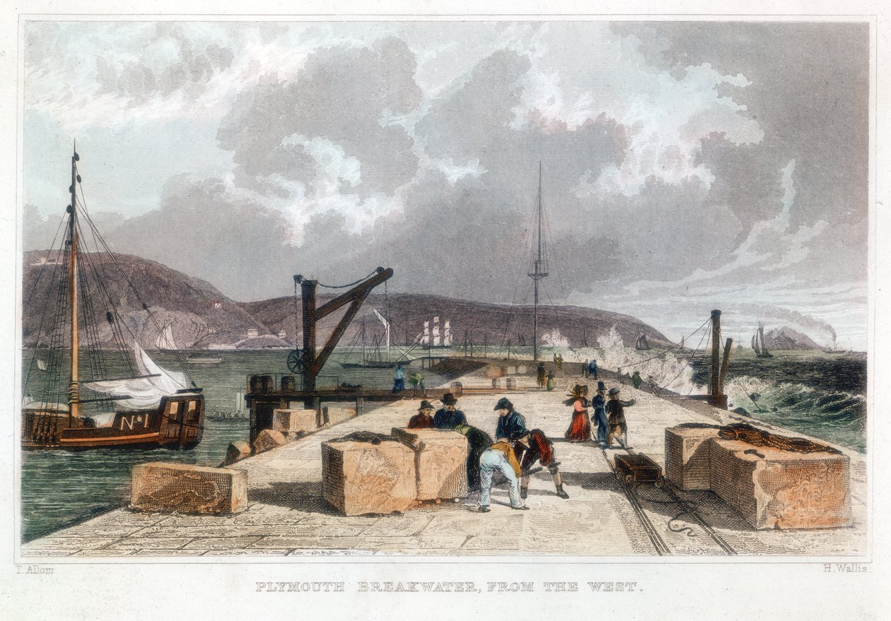 Rompeolas de Plymouth desde el oeste, 1829 de Thomas Allom