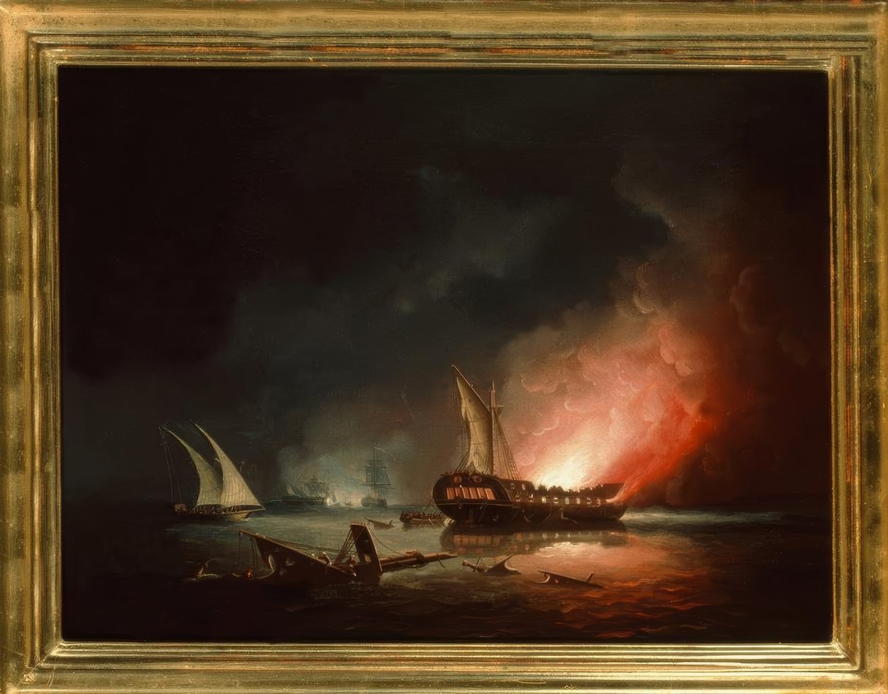 Fragata en llamas después de una batalla naval de Thomas Buttersworth