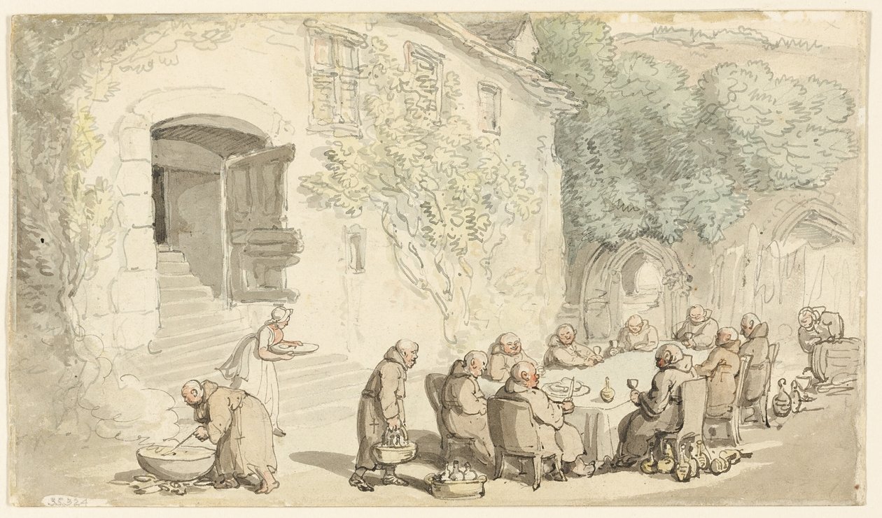 Monjes cenando al aire libre (anverso); calle Village (reverso) de Thomas Rowlandson