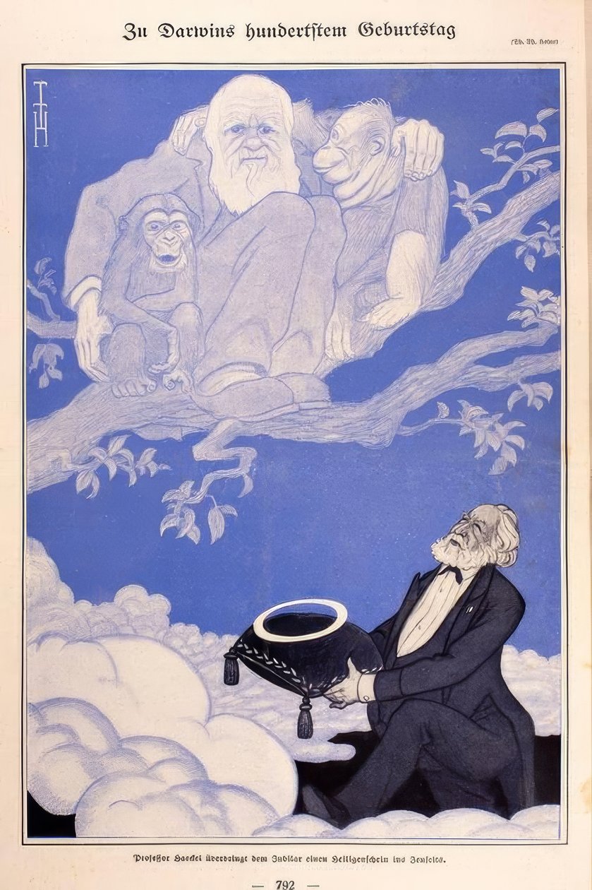 Caricatura de 1909 Darwin, monos, Haeckel de Thomas Theodor Heine