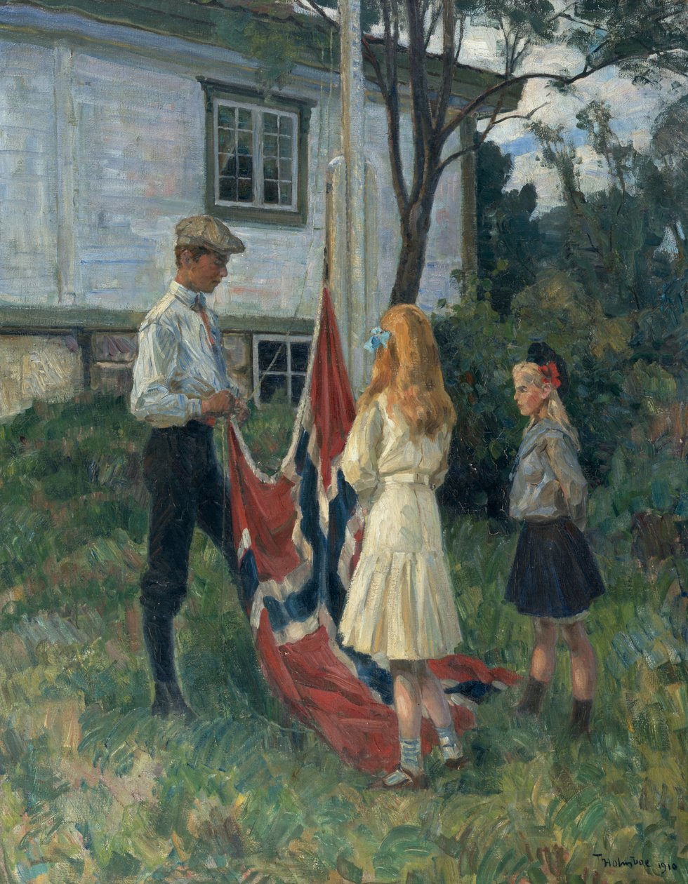 Los niños izan la bandera noruega de Thorolf Holmboe