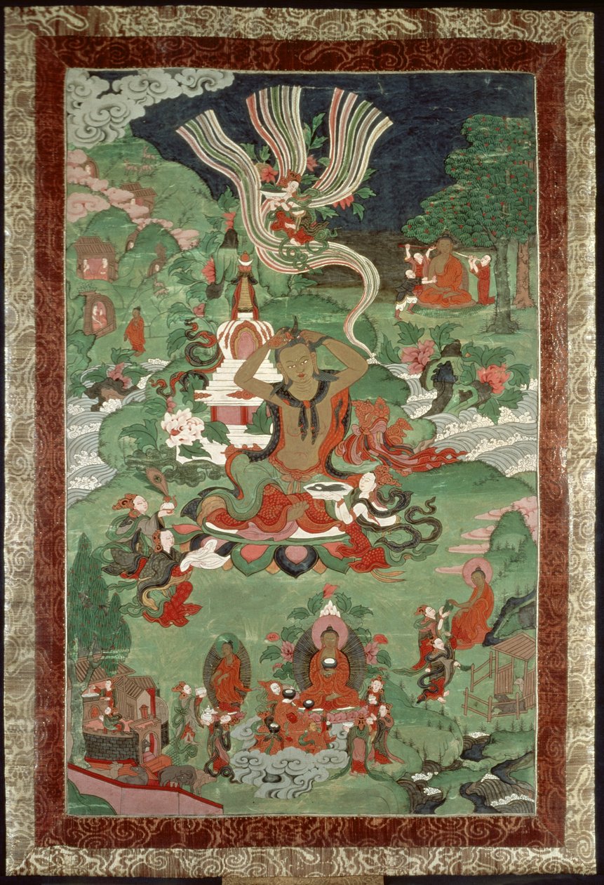 Buda cortando un mechón de cabello, estandarte del templo tibetano de Tibetan School