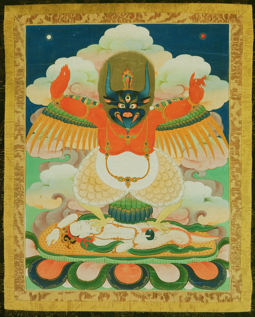 Pintura Thangka de Garuda pisoteando a un nagad moribundo de Tibetan School