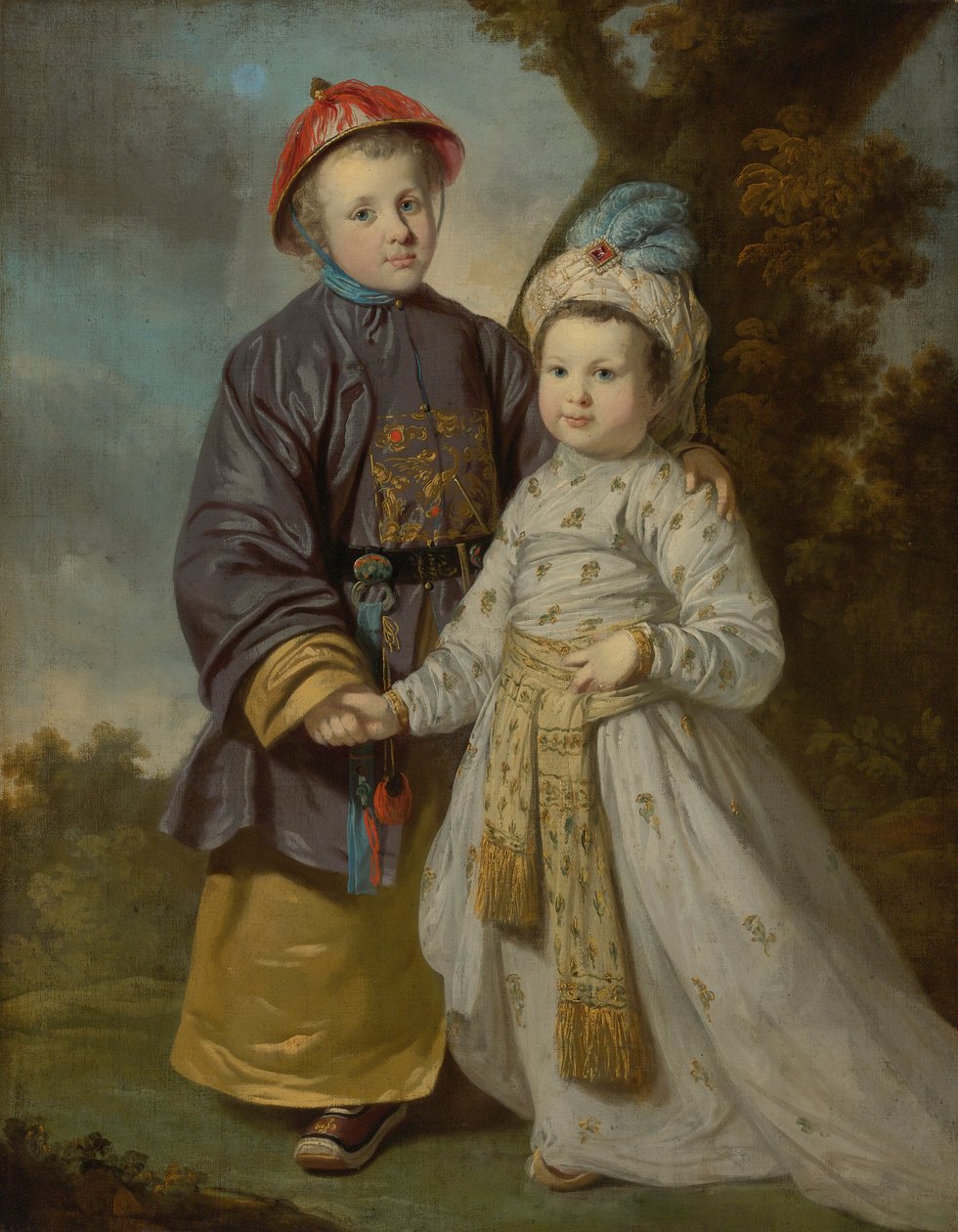 Retrato de dos niños con trajes orientales de Tilly Kettle