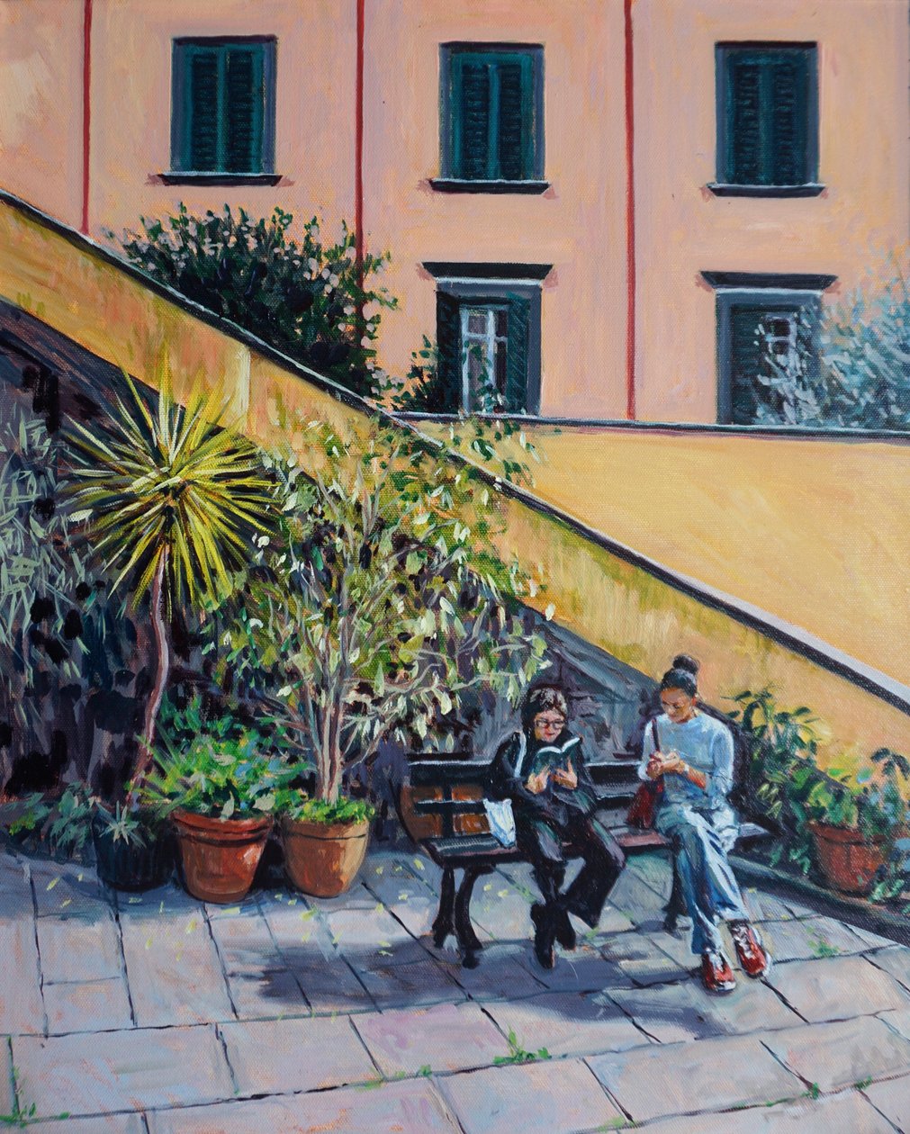 On The Bench, 2023 (óleo sobre tabla) de Tilly Willis