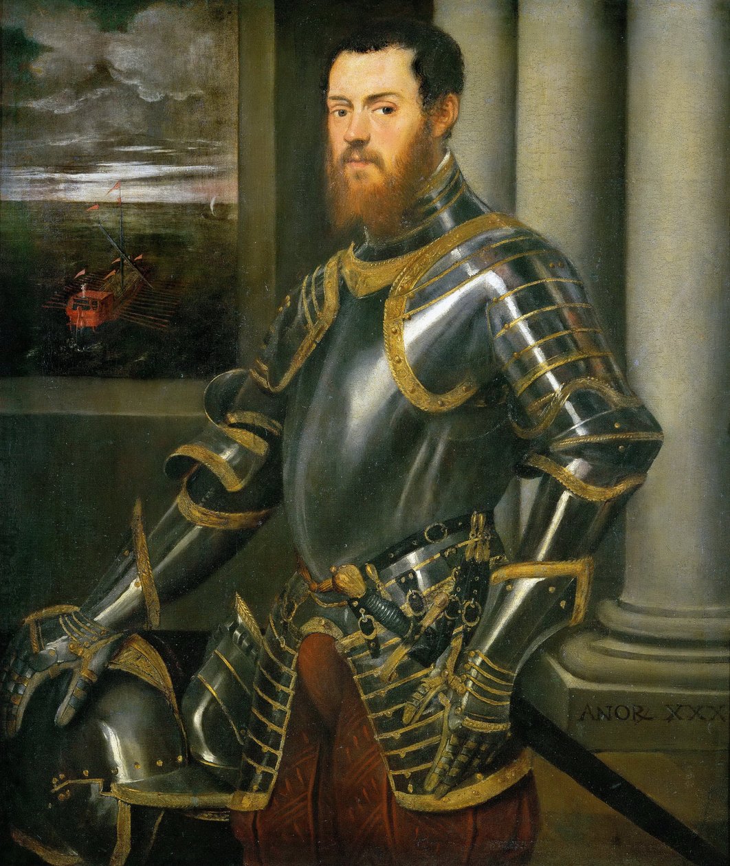 Retrato de un hombre con armadura dorada de Tintoretto
