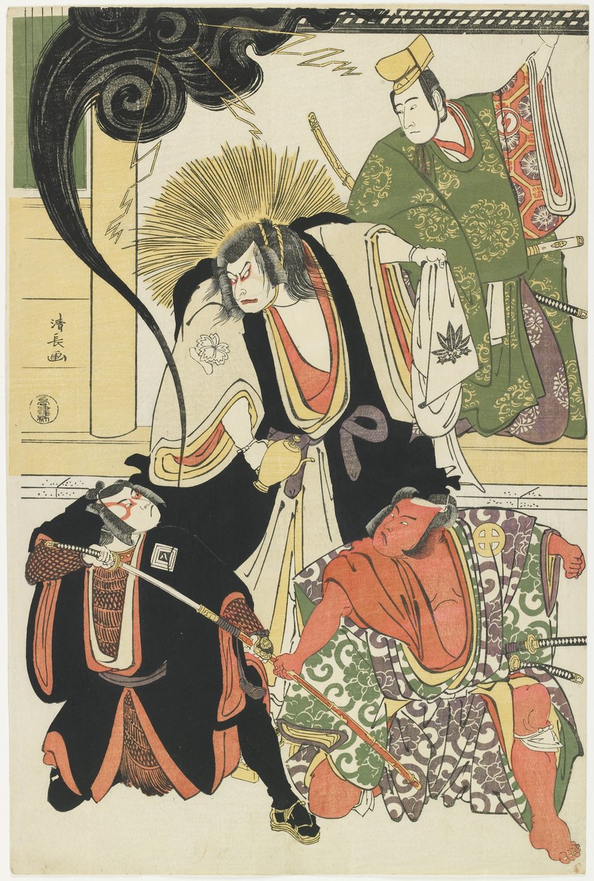 Escena de la obra de AKbuki Yukimotsutake furisode Genji, 1785 de Torii Kiyonaga