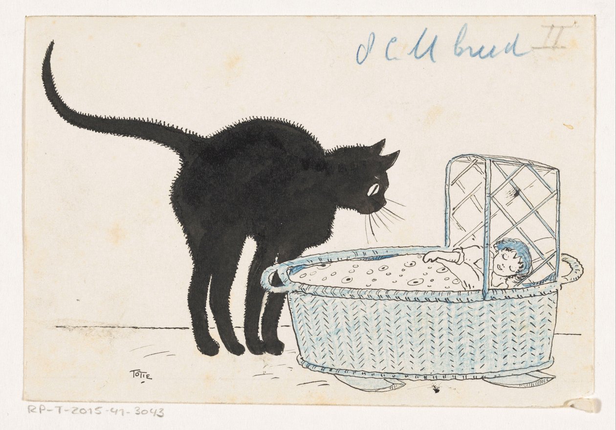 El gato mira dentro de la cesta de una muñeca de Totie (signed by artist)