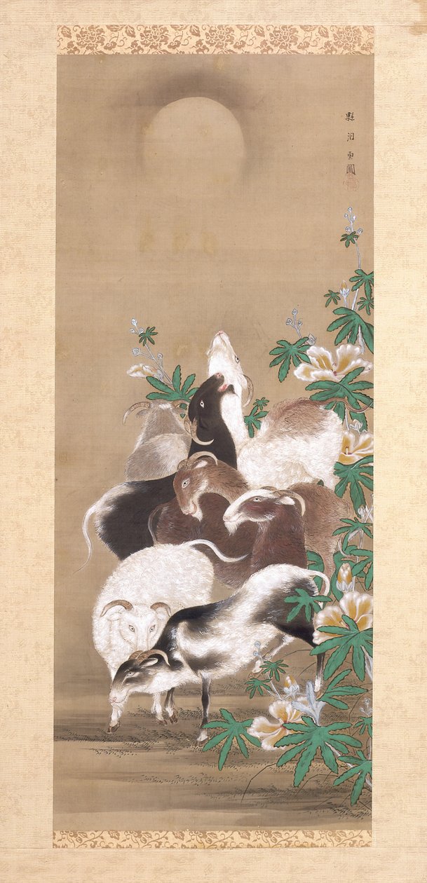 Cabras y luna (tinta y color sobre seda) de Toun Kano