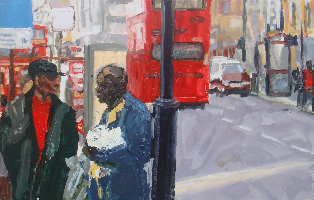 Conversación callejera, 2008 (óleo sobre tabla) de Trevor Burgess
