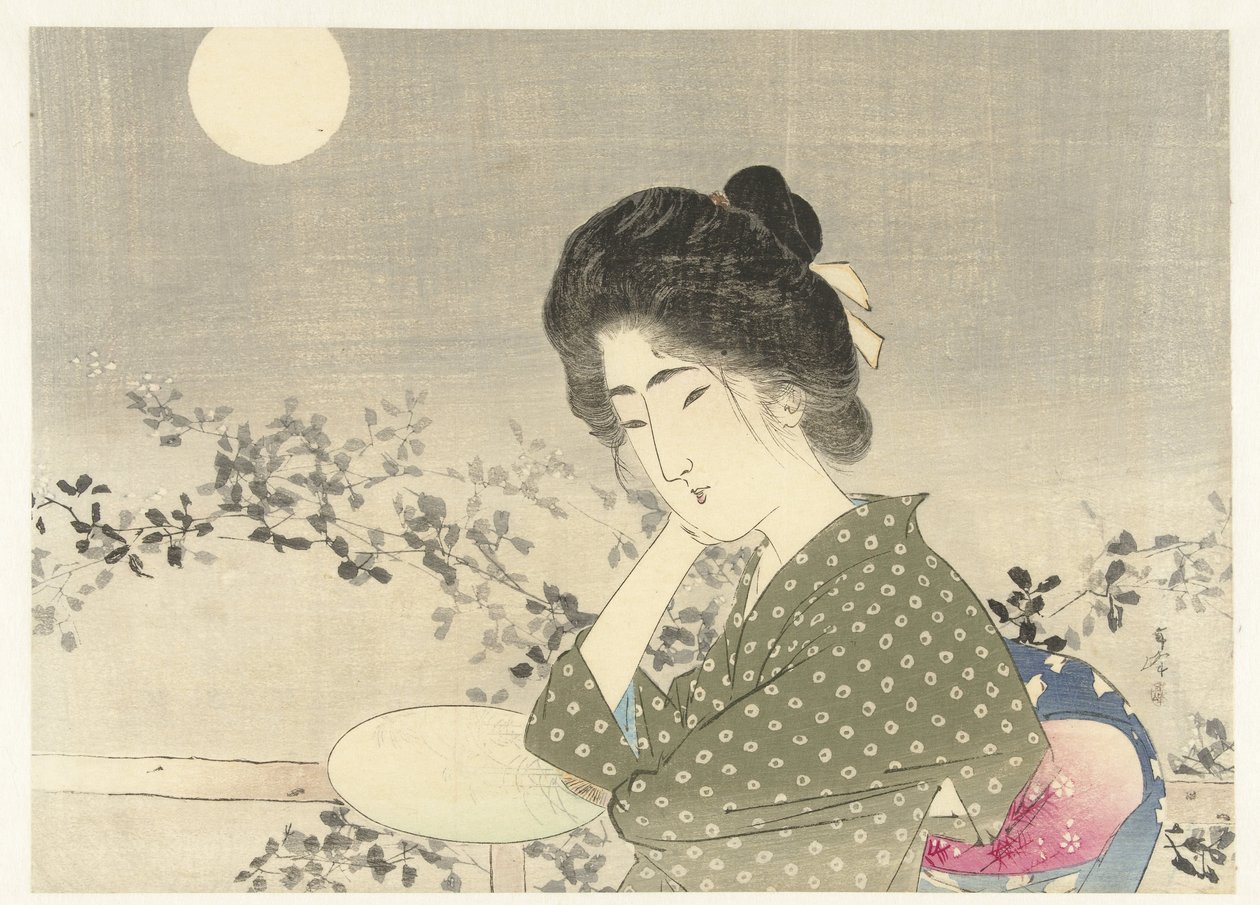 Mujer con abanico a la luz de la luna de Tsutsui Toshimine