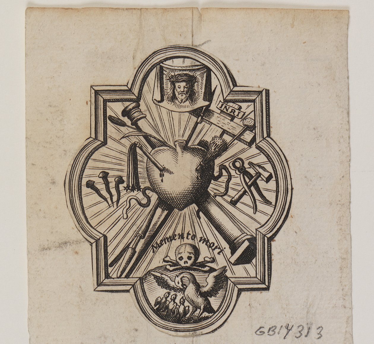 Emblema con un corazón atravesado y los instrumentos de la pasión de Ubekendt