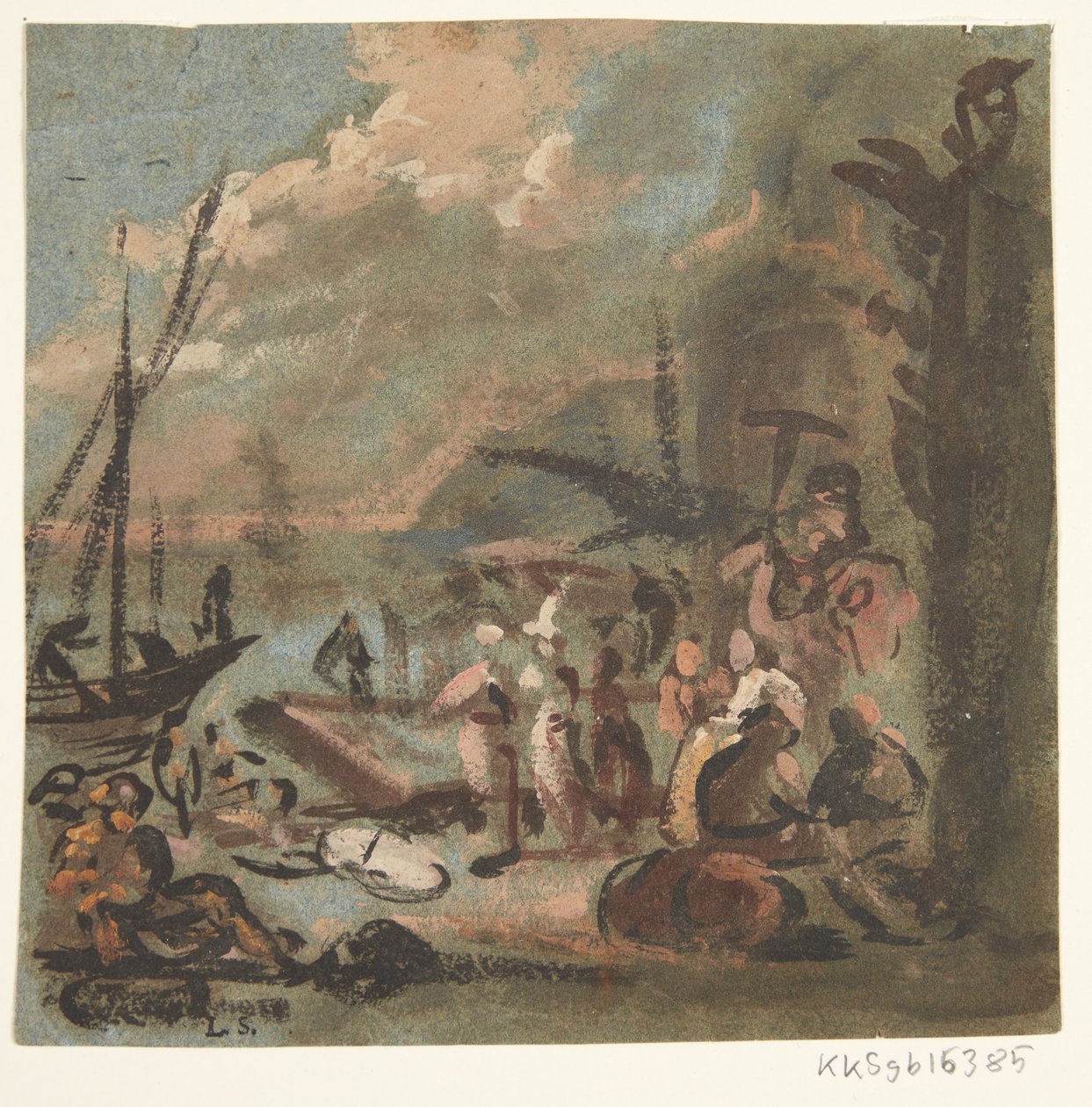 Escena de figuras en la costa de Ubekendt