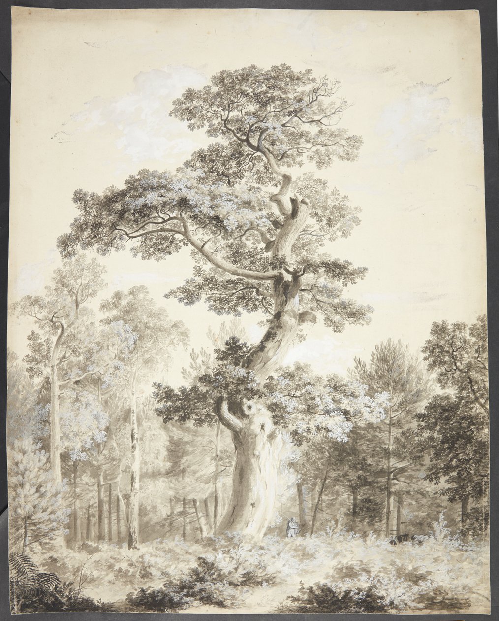 Paisaje con gran árbol y cazador de Ubekendt