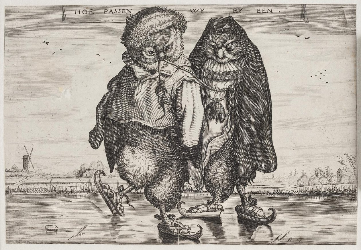 Dos búhos vestidos patinando de Ubekendt
