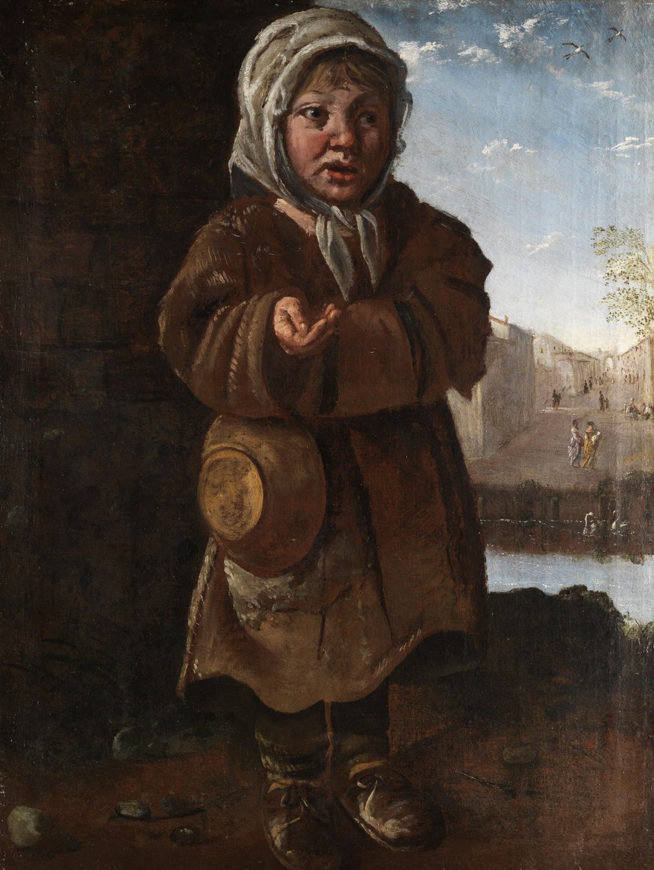 Niño mendigando frente a un paisaje urbano de Unbekannt Unbekannt